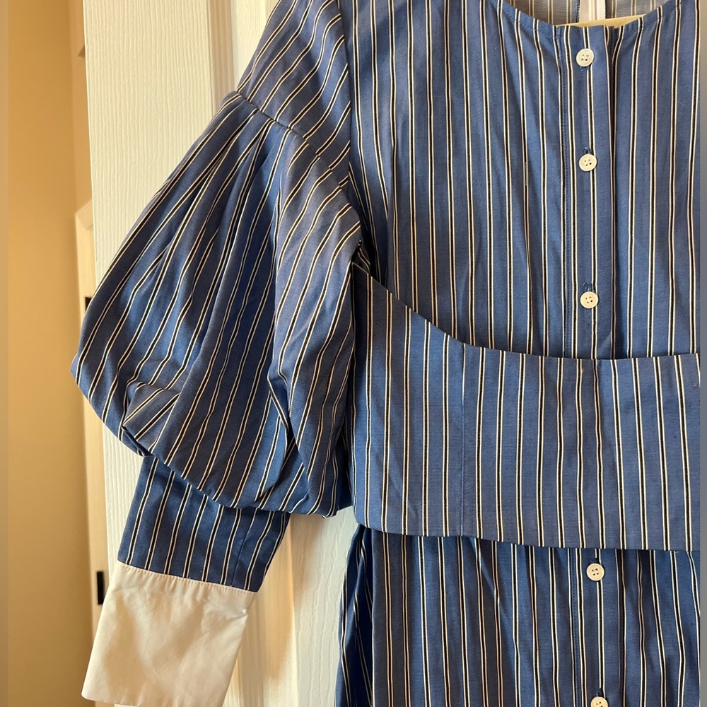 Sea New York Blue Pinstripe Long Sleeve Puff-Sleeve Dress with White Cuffs - Picture 3 of 11